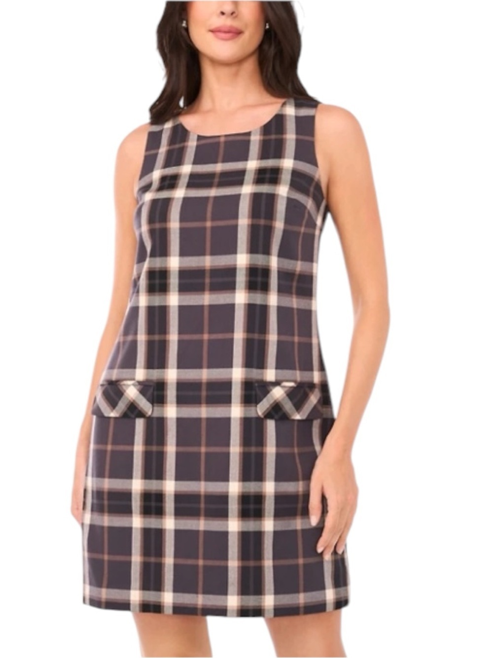 1.STATE Plaid Print Sleeveless Mini Shift Dress Large Brown Black Scoop Neck